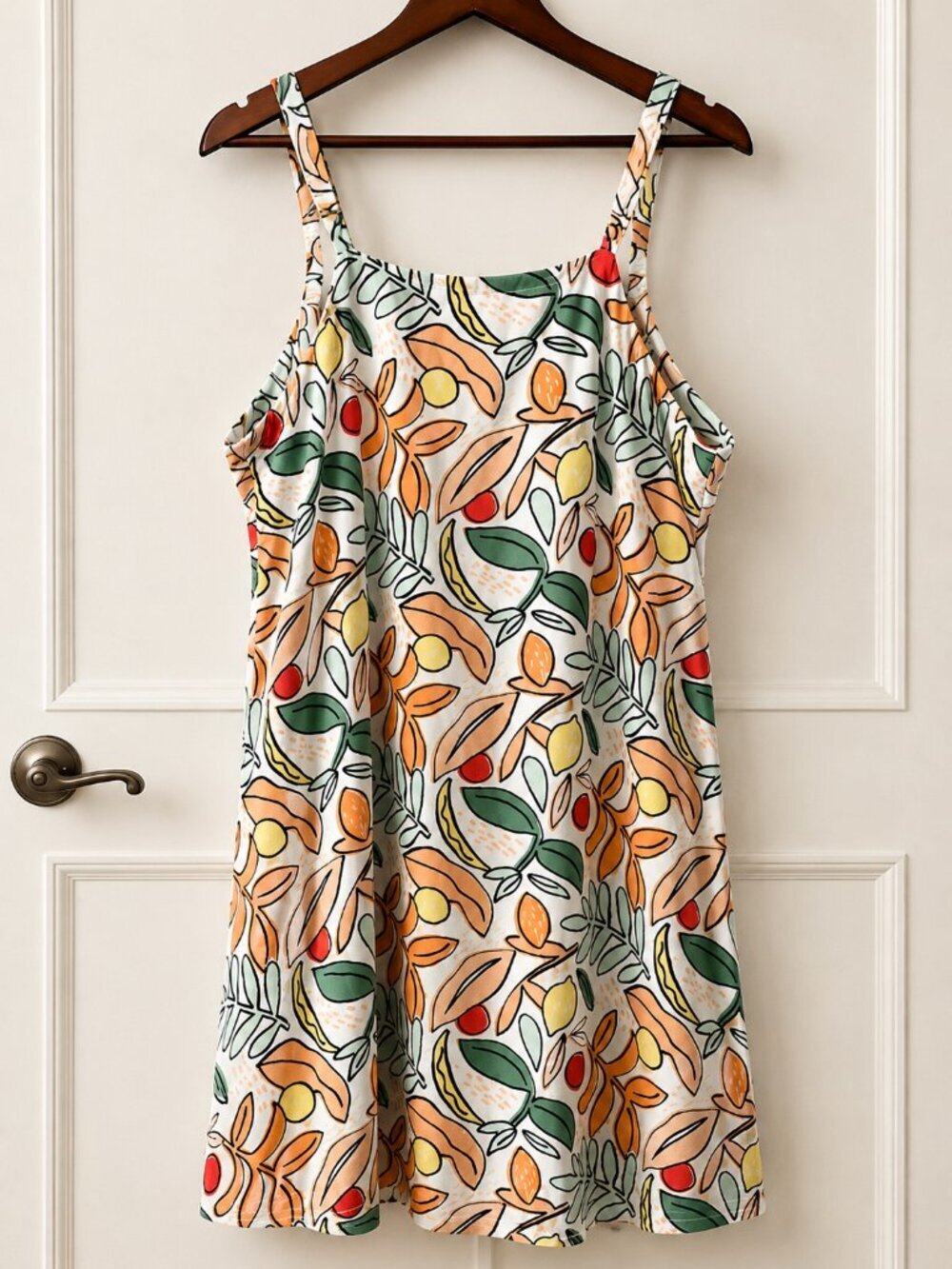 Mediterranean Fruit Print Picnic Babydoll Dress Open Back Coastal Free Assembly